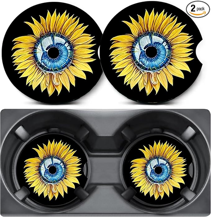 2 Pack Sunflowers Car Coasters for Cup Holder,Neoprene Anti Slip Mat | 2.75" Universal Size,Auto Rubber Drink Coasters Decor Car Accessories Sunflowers Gifts for Women Men