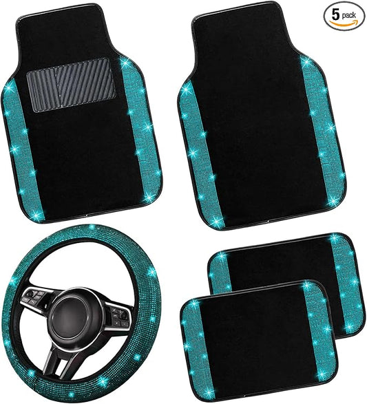 NBTEPEM Bling Car Floor Mats Full Set and Steering Wheel Cover, Universal Fit Most Cars, 4 pcs Sparkle Glitter Diamond Carpet, 5 pcs Bling Car Accessories Set for Women (Aquamarine Diamond)