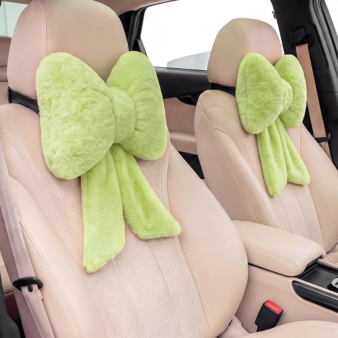 Macarrie 2 Pcs Car Neck Pillow Plush Butterfly Bow Car Headrest Pillow Comfortable Seat Neck Support Cute Head Rest Accessories for Driving Travel Driver Chair Girl Interior Decor (Sage Green,Solid)