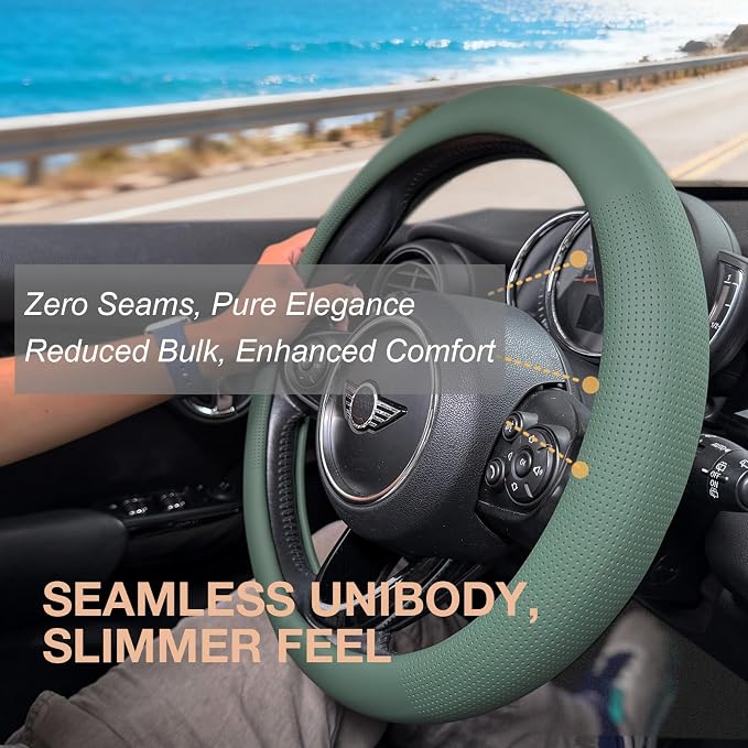 PINCTROT Nappa Leather Steering Wheel Cover, Slim Fit No Bulk Design, One Piece Leather with Breathable Perforation, Fit Like Gloves, Universal 14.5-15 Inch(Nappa Green)
