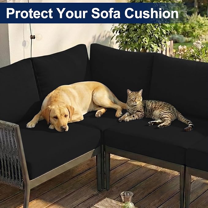 Smiry Waterproof Patio Cushion Covers, Stretch Outdoor Couch Slipcovers Replacement Washable Furniture Protector Sofa Chair Seat Cover for Dogs and Pets (4 Pcs, Black)