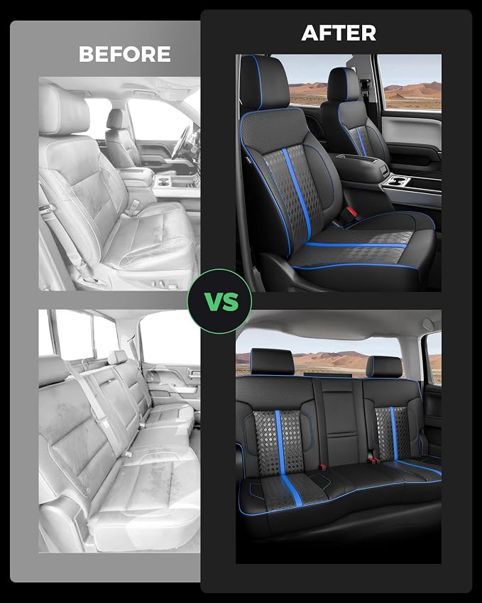 Custom Leather Seat Covers for 2014-2018 Sierra/Silverado 1500 | Only Crew Cab, Fits 2500/3500HD 2015-2020, no Rear Armrest/Seatback Storage, Waterproof, Scratch-resistant, Easy-clean