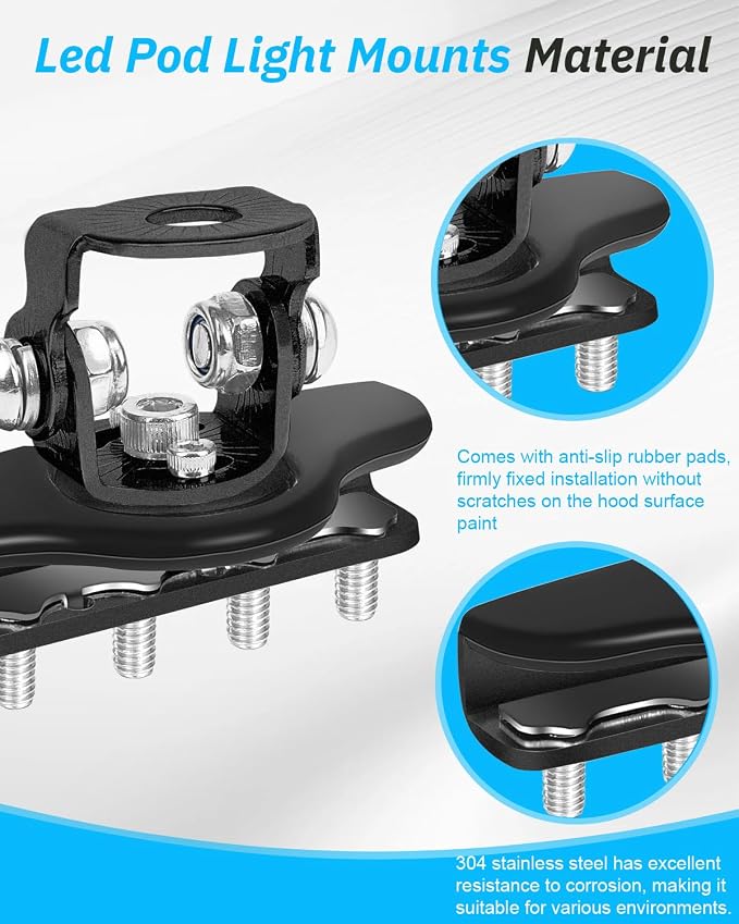 Led Pod Light Mounts, 304 Stainless Steel Universal LED Light Bar Mounting Brackets Adjustable No Need Drilling A Pillar Hood Clamp Work Light Holder for Off Road Truck SUV (Black)