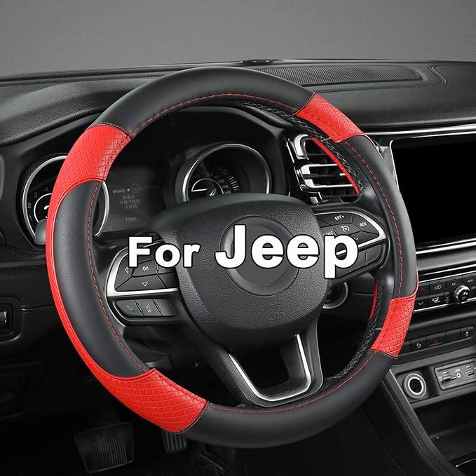 GIANT PANDA Steering Wheel Cover for Jeep Wrangler, Car Steering Wheel Cover for Jeep Grand Cherokee and Cherokee - Black+Red