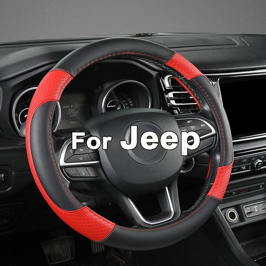 GIANT PANDA Steering Wheel Cover for Jeep Wrangler, Car Steering Wheel Cover for Jeep Grand Cherokee and Cherokee - Black+Red