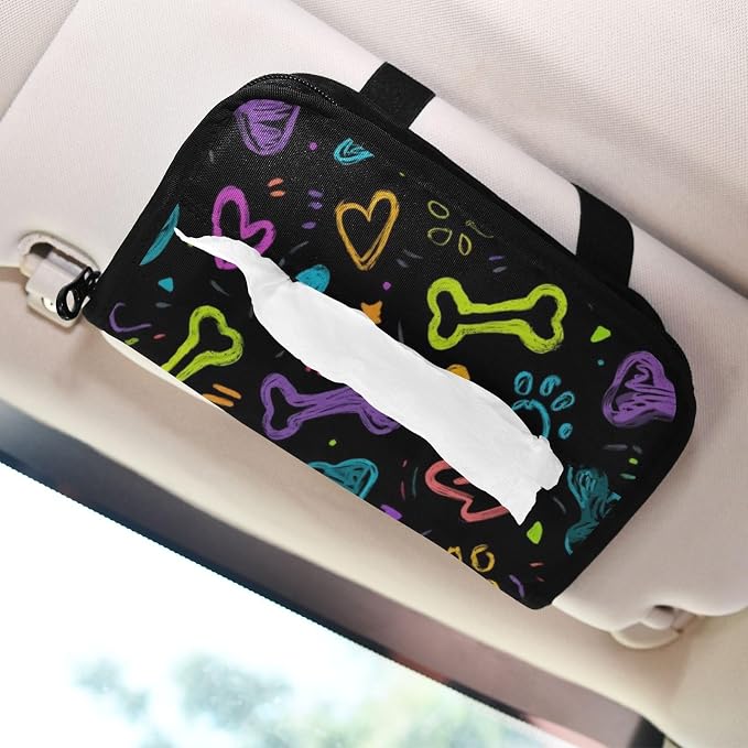 Car Visor Tissue Holder Mask Holder for Car, Car Tissue Box Sun Visor Napkin Holder Car Visor Accessories Adjustable Straps Reusable Durable Easy to Install Doodle Black Paw Print and Hearts