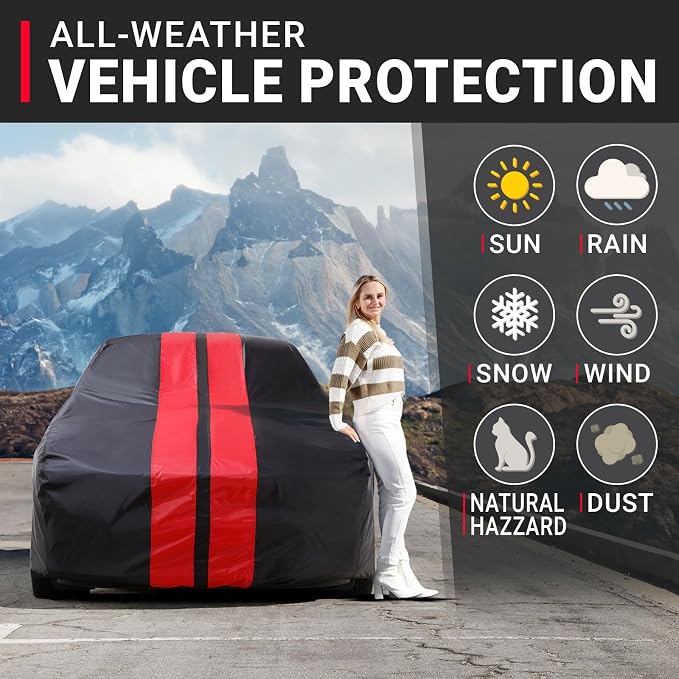 iCarCover Premium Heavy Duty Car Cover - Waterproof All Weather Rain Snow UV Protection, Celica, 928, Bolt EV, Z8, VW Jetta, Size C40 (See Size Chart), Stripe - Black/Red