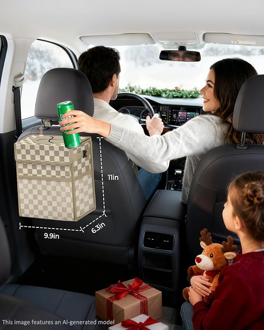Corduroy Car Trash Can with Lid and Mesh Pockets - Leakproof Organizer,Multipurpose Waterproof Garbage Can/Trash Bin for Car(Khaki Check-3 Gallons)