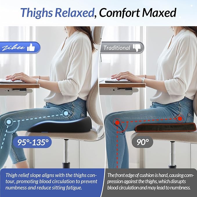 ZIKEE Ergonomic Seat Cushion with Thigh Slope for Long Sitting Comfort | Memory Foam Office Chair Cushion for Car, Home, U-Shaped Design Relieves Hip, Tailbone Pain, Sciatica Pain Relief, Non-Slip