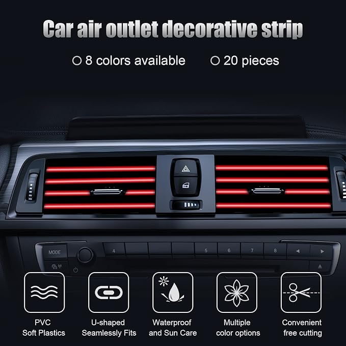 20 Pieces Universal Car Air Conditioner Vent Trim Decoration Strip Accessories, Waterproof Flexible Shiny Auto Car Interior Accessories for All Air Vent Outlet (A-Red - 20 Pieces)