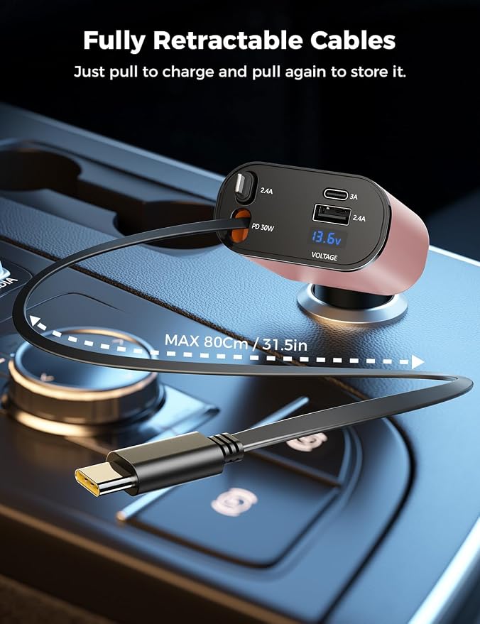 [Upgraded] SUPERONE Retractable Car Charger 4 in 1 Fast Car Phone Charger | USB C and Apple Multi Car Adapter with Cord 2.6ft, Compatible with iPhone 17 16 15/15 Pro Max/14/13/12/11, Galaxy, Pixel