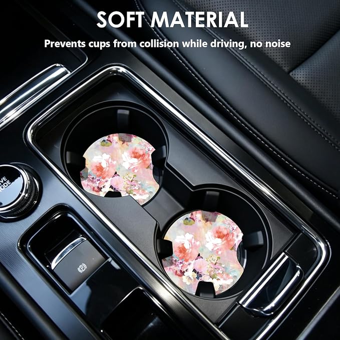 2 Pack Car Coasters，2.75-inch Neoprene Non-Slip Cup Holder Coasters for Car，Cute Car Interior Accessories for Men and Women，Pink Flower