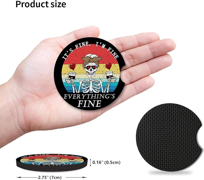 Funny Skull with Coffee Cup Holders Car Coasters Set for Women/Men,Absorbent Cup Car Holders, 2 Pack Universal Neoprene Coasters with A Finger Notch