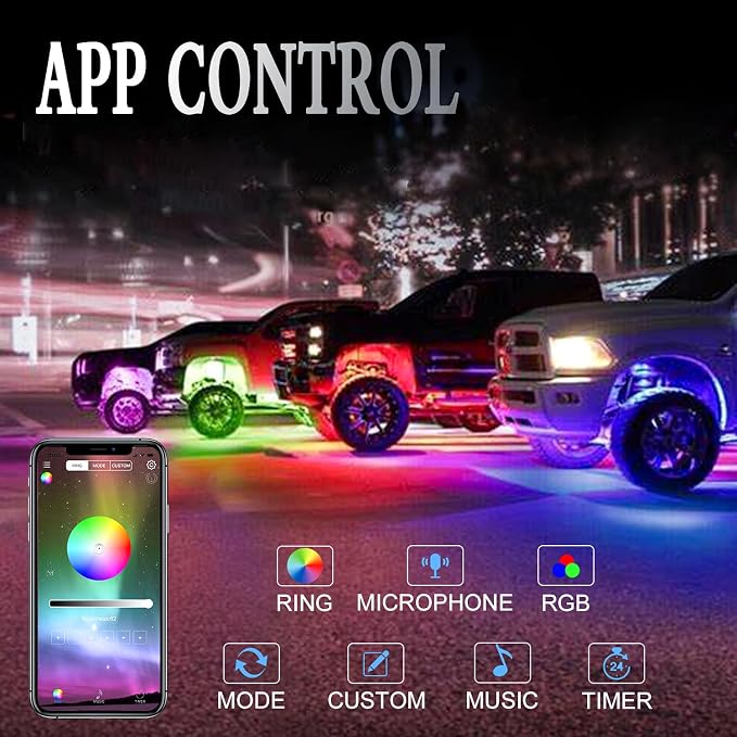 Car LED Rock Lights Kit, 4 Pods Multilcolor Underglow Neon Lights | RGB Rock Light High Bright with APP & Music Mode, IP68 Waterproof for Trucks, Cars Decorative Accessories