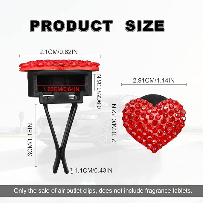 2Pcs Car Air Vent Clip, Bling Crystal Heart Charms Car Air Vent Clips, Air Conditioning Outlet Clip Decorative, Interior Decoration Accessories Universal for Women and Man (Red)
