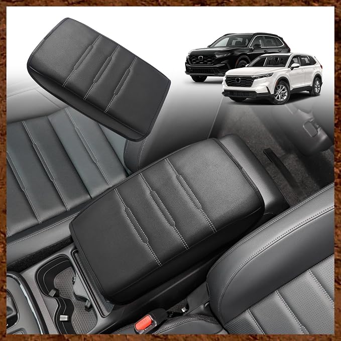 Muslogy Center Console Armrest Cover Fit for Honda CR-V & CRV Hybrid 2023-2025 2026 Accessories, Comfort Armrest Pad Console Lid Cushion Vegan Leather Regular Thick(Black/White Trim)