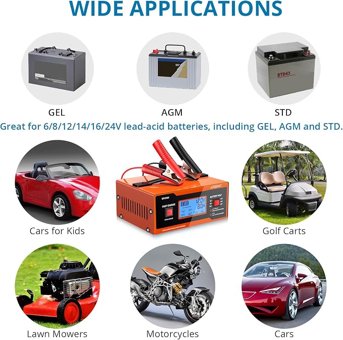AUTOUTLET 8V Car Battery Charger, 0-14A Fully Automatic 6/8/12/14/16/2 Lead-Acid Battery Charger & Maintainer with 7-Stage Charging, Overcharge Protection, Reverse Polarity LED Indicator, 80cm Cable
