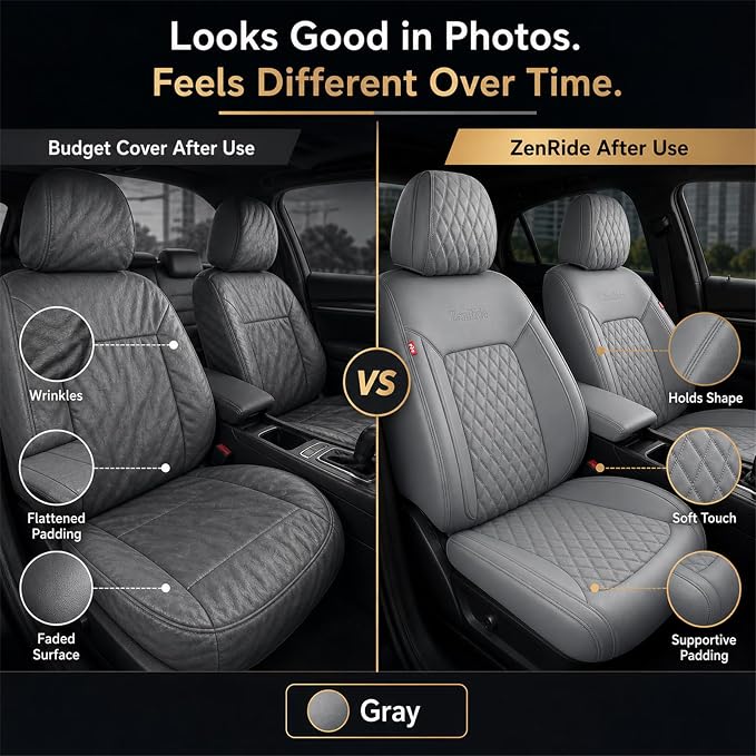 Gray High-Density Nappa Leather Automotive Car Seat Covers Full Set | Univerasal Precision Fit,3D Contoured,Full Coverage,Waterproof,ThickTexture Nappa Leather,for most Suvs Trucks Sedans