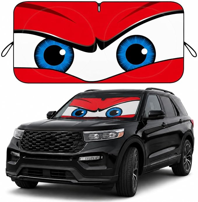 Car Windshield Sun Shade, Universal Fit Full-Size SUV Pickup MVP, Angry Red | 63 x 33.86" Large Windshield Cover, Foldable Front Window Sunshade, UV Heat Protection, Cute Eyes Series