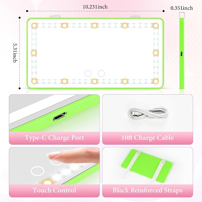 SINGARO 2PCS Car Sun Visor Vanity Mirror - Rechargeable Makeup Mirror with 60 LEDs, 3 Light Modes & Dimmable Touch Control for Cars, Trucks, SUVs, Car Interior Accessories for Women (Green)