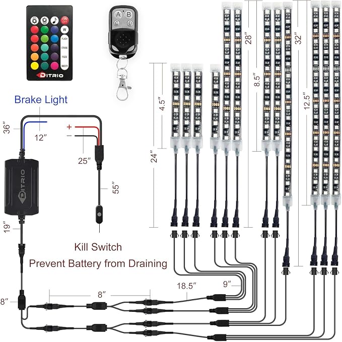 DITRIO 12pcs Underglow RGB LED Strip Light Kit DC 12V with 2 Red Blinking Brake Light Styles for Motorcycles Trikes Golf Carts ATVs UTVs – M12r