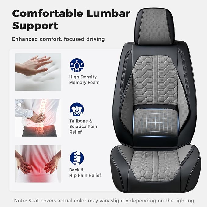 Huidasource Front and Back Seat Covers Universal Fit for Most Cars SUV Trucks, Leather Car Seat Covers Full Set 5 Seats, Full-Cover Pickup Truck Seat Cover with Lumbar Support, Black & Gray