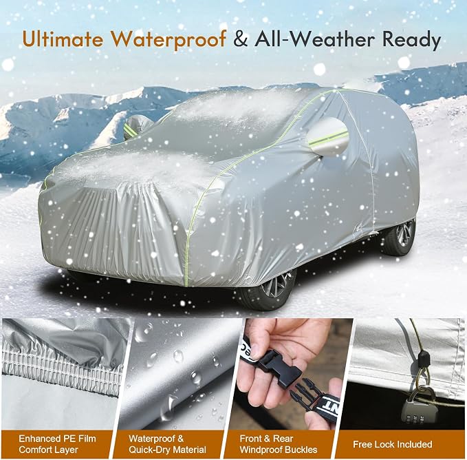 Tecoom SUV Car Cover Waterproof All Weather, Outdoor & Indoor Full Exterior Windproof UV Sun Rain Snow Hail Protection Covers with Zipper Door & Lock, Fit for SUV 191-205 Inches