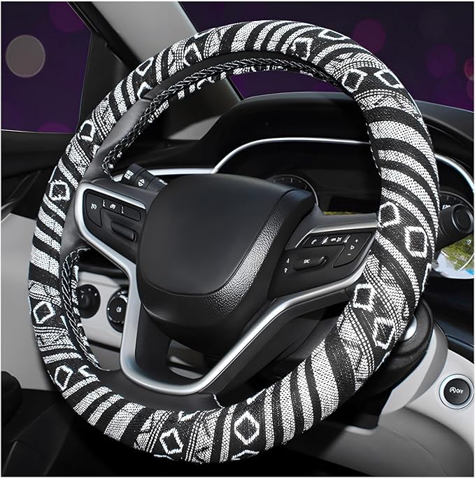 Boho Steering Wheel Cover, Anti-Slip Coarse Flax Cloth Ethnic Style Auto Wheel Cover, Breathable Boho Auto Steering Wheel Protector for Women Men, Car Accessories (Style E)
