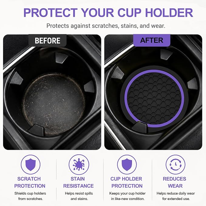 4PCS Car Cup Holder Coasters - 2.75 Inch Non-Slip Insert Water Bottle Holder Pads, Dustproof Automotive Interior Accessories Mat, Universal for Vehicles, Trucks, RVs (Purple)
