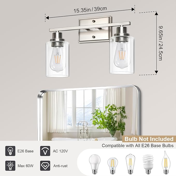 Unicozin 2 Light Bathroom Light Fixtures, Modern Vanity Lights Over Mirror, Brushed Nickel Wall Lamp with Clear Glass for Living Room Cabinet Bedroom Porch