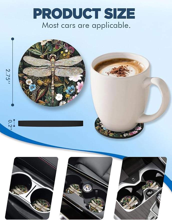 WOCOCN Car Coasters for Cup Holders - 2 Pack 2.75" Universal Rubber Car Cup Coaster, Non-Slip Waterproof Car Interior Accessories, Cute Car Decor Gifts for Women and Men (Dragonfly)