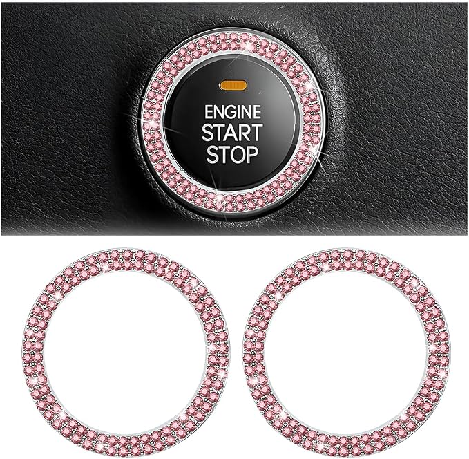 Bling Car Engine Start Ring Decals, 2PCS Sparkling Crystal Rhinestone Vehicle Push to Start Button Sticker, Diamond Auto Key Ignition Knob Decorative Ring, Universal for Vehicles (Pink)
