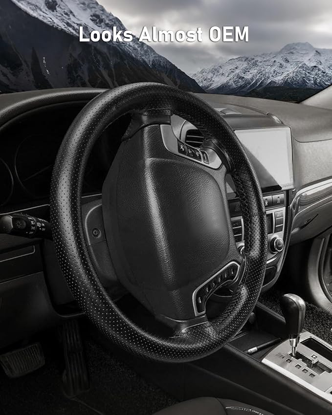 Belinous Perforated Leather Car Steering Wheel Cover (Size XL0, Black) | Stitch On Wrap, Universal fit 13-20 Inch, Whole Piece of Cowhide, DIY w/Needle Thread, Breathable Anti-Slip Design