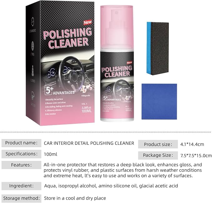 2Pcs Polishing Cleaner Car Interior Spray, Car Interior Cleaner for Rubber, Leather& More, Multi-Surface Cleaning for Car Interior.