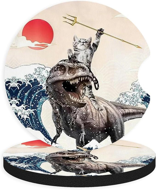 2pcs Cute Dinosaur and Cat Car Coasters,Absorbent Universal neoprener Cup Holder Coasters with a Finger Notch,Car Accessories for Women&Man Interior，2.75" 10