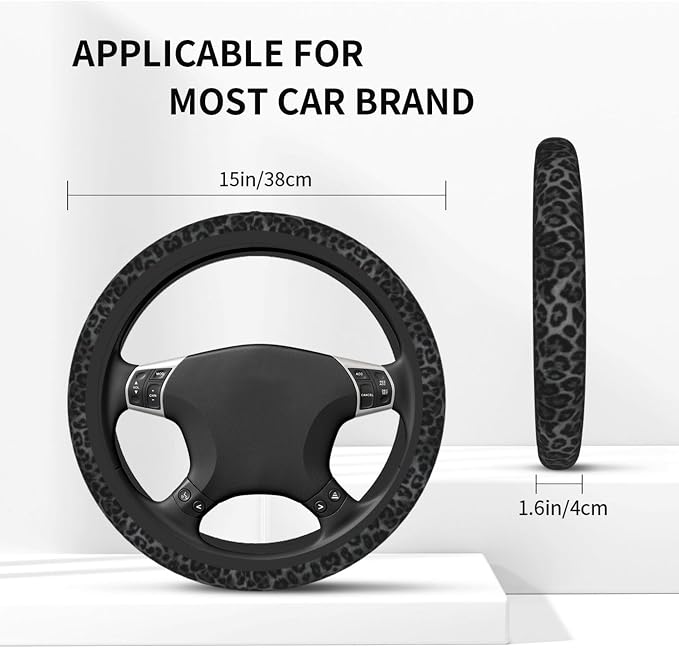 Black Leopard Print Steering Wheel Cover Black Cheetah Leopard Print Steering Wheel Cover Anti-Slip Breathable for 15 in Universal 2 Pcs Car Interior Cup Holder Pad for Men Women