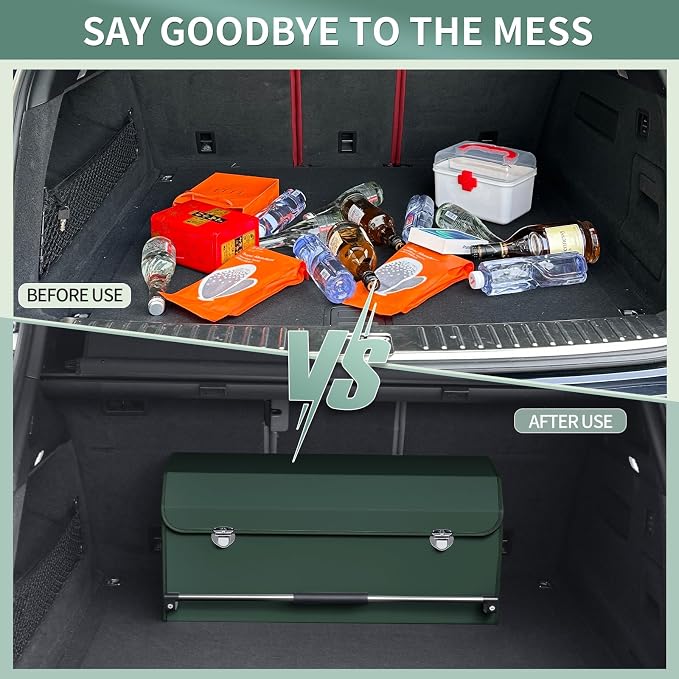 Trunk Organizer for Car with Lid Leather Trunk Organizer Car Organizer | SUV Trunk Organizer with Push-pull Handle Car Trunk Storage Organizer for Minivan, Truck, Sedan (Green, 27.1 x 11.4 x 12.2in)