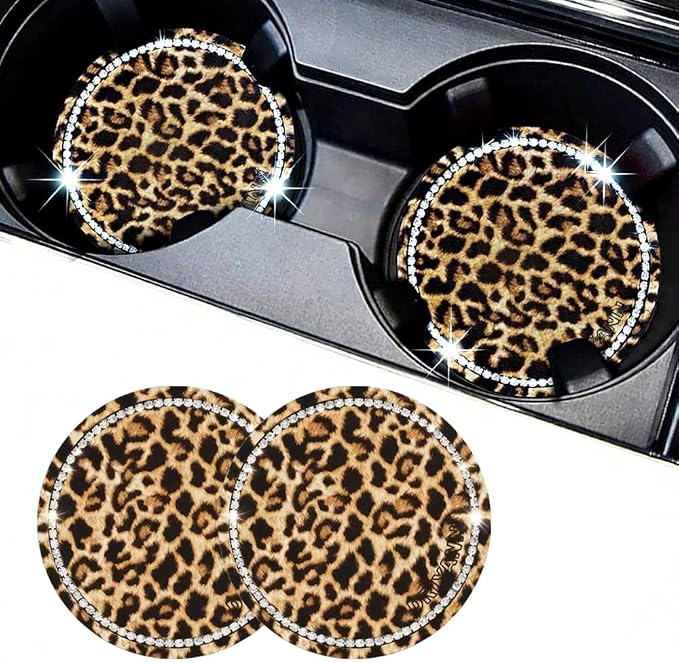 Car Cup Holder Coaster, 2PCS Silicone Car Cup Holder Insert Leopard Print, 2.75" Universal Non-Slip Cup Holders, Interior Car Accessories for Women and Man (Leopard)