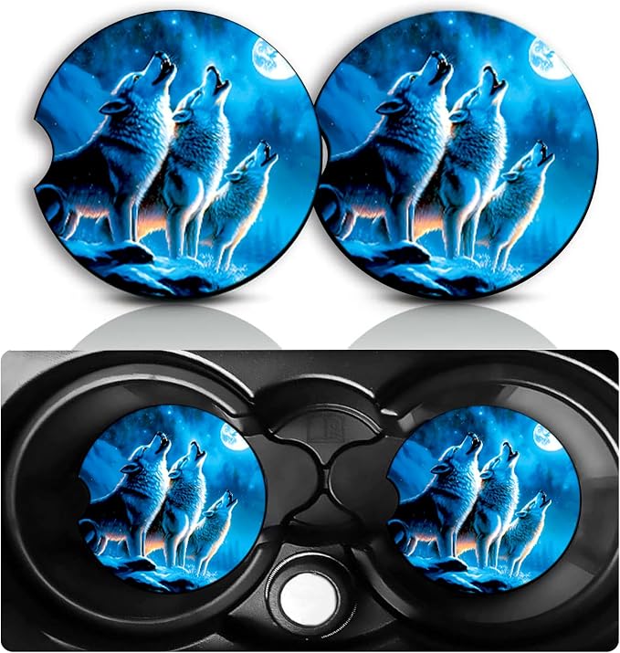 Wolf Car Cup Holder Coasters Set of 2 – Fun Wolf Car Accessories 2.75" Universal Size Anti Slip Rubber Mat Recessed Auto Insert Coasters Decor Wolfs Gifts for Women Men Dad Grandpa