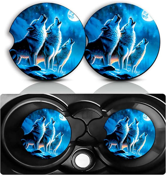 Wolf Car Cup Holder Coasters Set of 2 – Fun Wolf Car Accessories 2.75" Universal Size Anti Slip Rubber Mat Recessed Auto Insert Coasters Decor Wolfs Gifts for Women Men Dad Grandpa