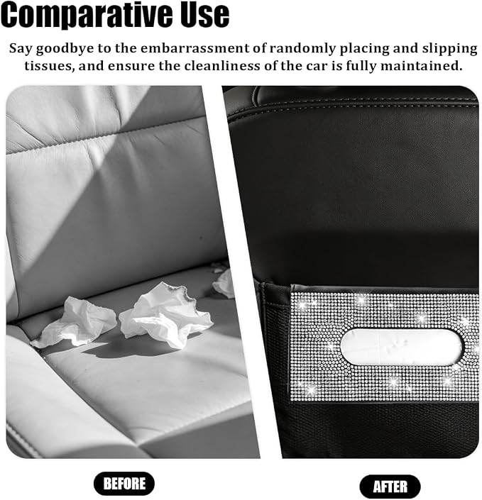 Bling Car Visor Tissue Holder, Shiny Rhinestone Leather Sun Visor Napkin Mask Case Holder Clip, Diamond AUT Paper Tissue Towel Box Dispenser, Universal Fit (White/Black)