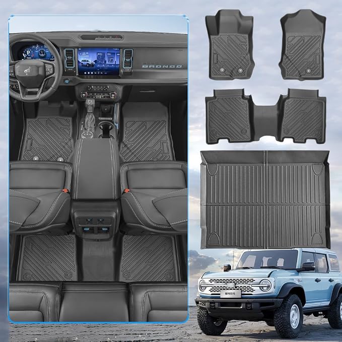 All-Weather Car Floor Mats for Ford Bronco 4 Door 2021-2025 Custom Fit Floor Liners Full Set (Front, Rear, Cargo) Easy to Clean Ford Bronco Accessories (Not for Sport/2-Door)