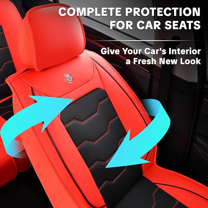 Red Car Seat Covers Complete Set, Universal Car Seat Covers for Cars, Premium Waterproof Leather, Protect & Upgrade Car Interiors, Airbag Compatible, Easy to Install & Clean Up