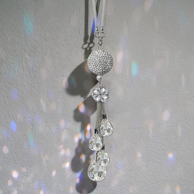 Bling Car Accessories for Women and Man,Cute Decor Women,Lucky Crystal Sun Catcher Ornament,Rear View Mirror Ball Charm (30 mm Clear) (White)