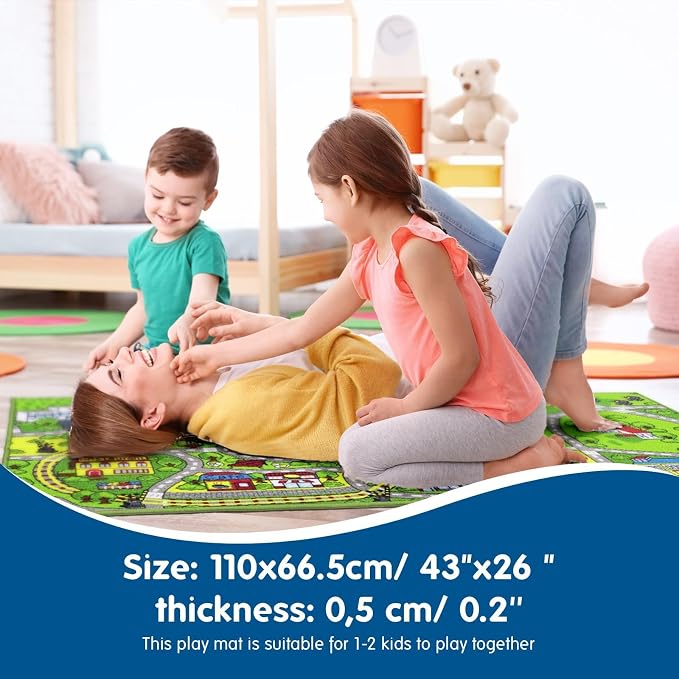 Booooom Jackson Kids Train & City Rug, 2'2" x 3'7" | Non-Slip Washable Play Mat, OEKO-TEX Certified, Train & City Scene, Gift for Toddlers, Classroom & Playroom