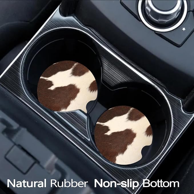 Car Coasters for Cup Holders - Animal Brown Cowhide Skin Print Cow | 2 Pack Anti Slip Universal Rubber Car Cup Coaster for Women Men, Car Interior Accessories