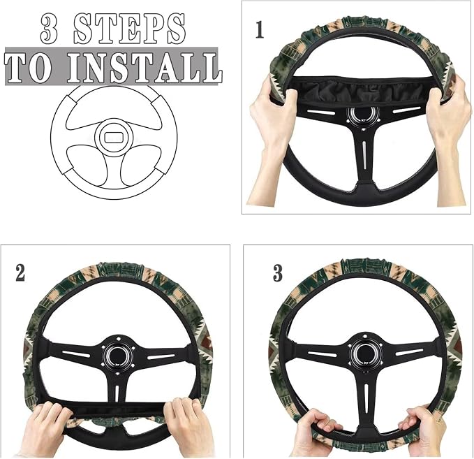 Wanyint Car Steering Wheel Cover Universal 15 Inch Steering Wheel Protector Auto Accessories Decor Anti-Slip Washable Universal Fit Most Vehicles, Southwest Aztec Dark Green