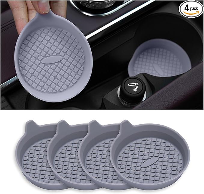 4 Pack Car Cup Coasters, Silicone Insert Recessed Car Cup Holder Coasters, Waterproof Non-Slip Sift-Proof Car Cup Mats, Universal Car Interior Accessories (Gray)
