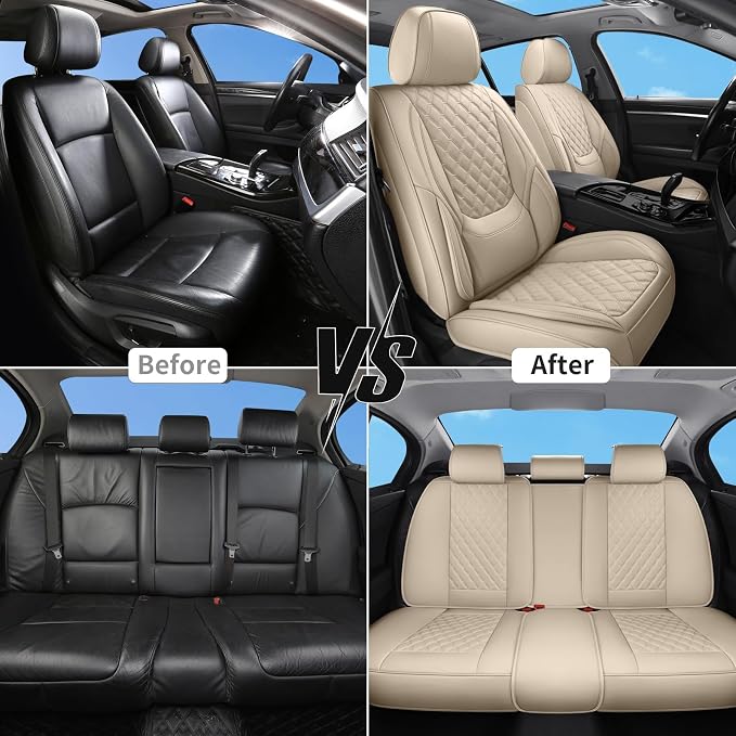 Car Seat Covers Full Set,5 Seat Leather Seat Covers for Cars,Front Seats and Back Seat Cover,Waterproof Car Seat Cushion Protectors,Universal Fit for Most Cars SUV Trucks (Beige, Full Set)