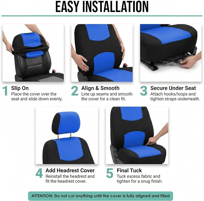 FH Group Car Seat Covers Full Set Cloth - Universal Fit Automotive Seat Covers, Low Back Front Seat Covers, Solid Back Seat Cover, Washable Car Seat Cover for SUV, Sedan and Van Blue